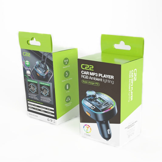 Car Bluetooth FM transmitter retail boxes, green packaging, C22 device pictured