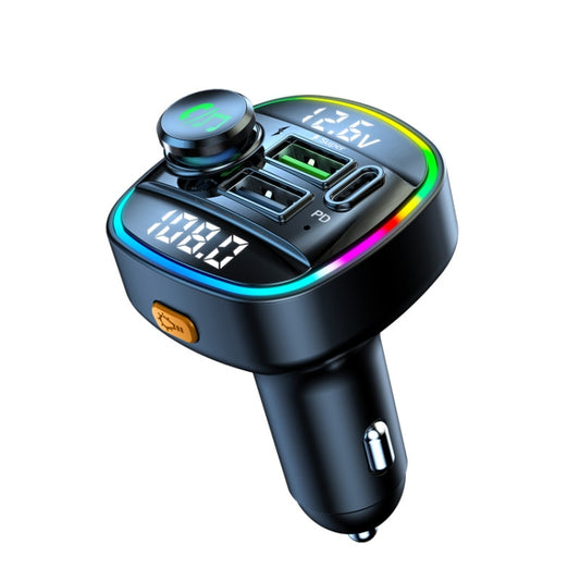 Black car Bluetooth FM transmitter with LED voltage display and dual USB charging ports