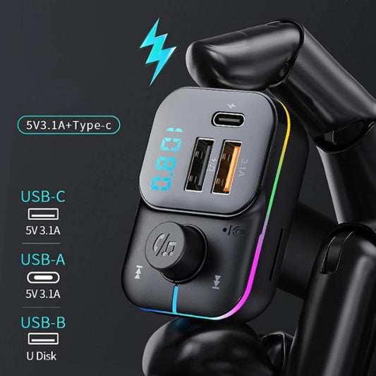 Car Bluetooth MP3 player with USB-C and USB-A ports, backlit LED charging indicator