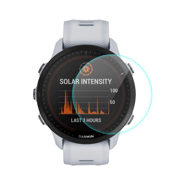 Tempered glass screen protector for Garmin Forerunner 955, applied on watch display