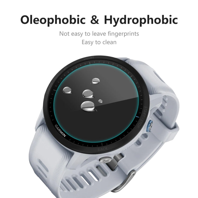 Oleophobic and hydrophobic tempered glass screen protector on Garmin Forerunner 955 with droplets