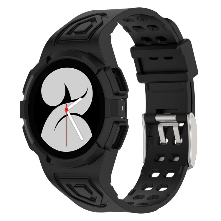 Black silicone watch band with perforated strap, silver clasp, and side tabs