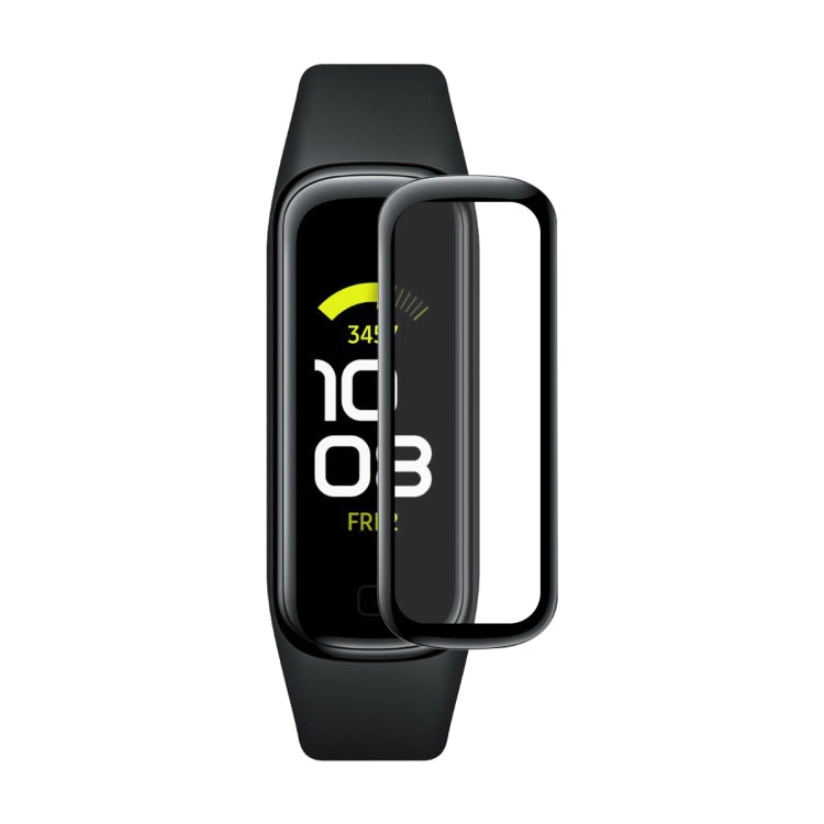Watch screen protector film with soft dark edge, placed on a black fitness tracker