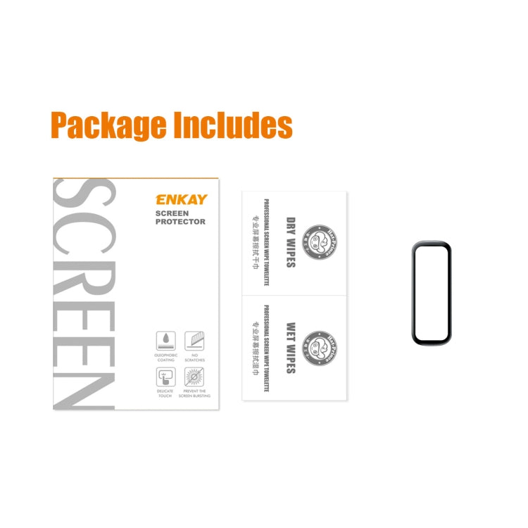 Package includes screen protector film, small accessory pieces, and single curved frame