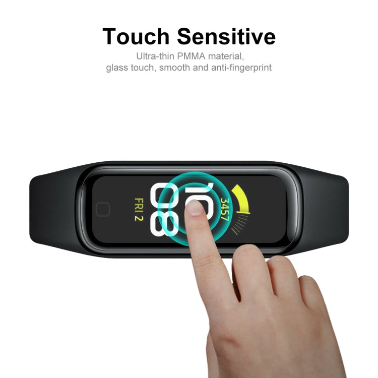 Touch-sensitive watch screen protector film on fitness tracker, with fingertip interaction