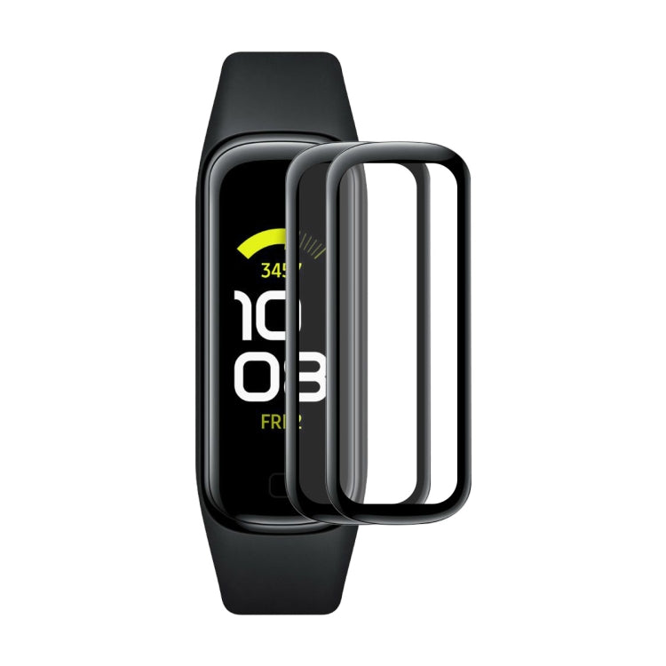 Watch screen protector film with curved soft edge, shown aligned on black fitness tracker