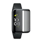 Multiple watch screen protector films stacked, with curved soft edges for a fitness tracker