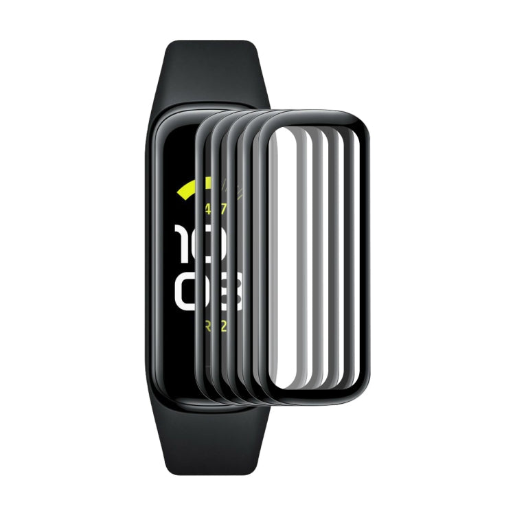 Multiple watch screen protector films stacked, with curved soft edges for a fitness tracker