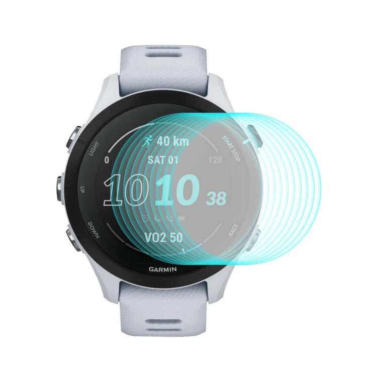 Tempered glass screen protector for Garmin smartwatch, multiple clear protector layers shown.