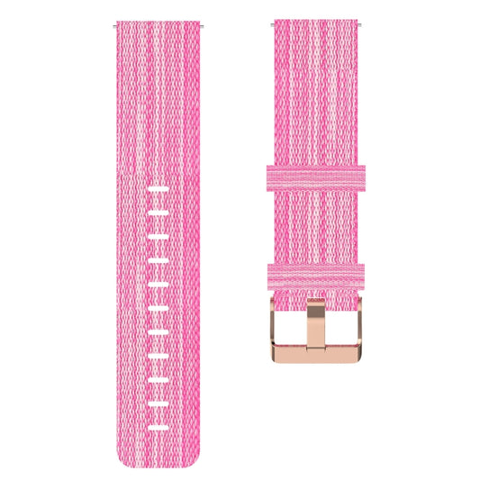 Pink woven nylon watch band with metal buckle and adjustment holes.
