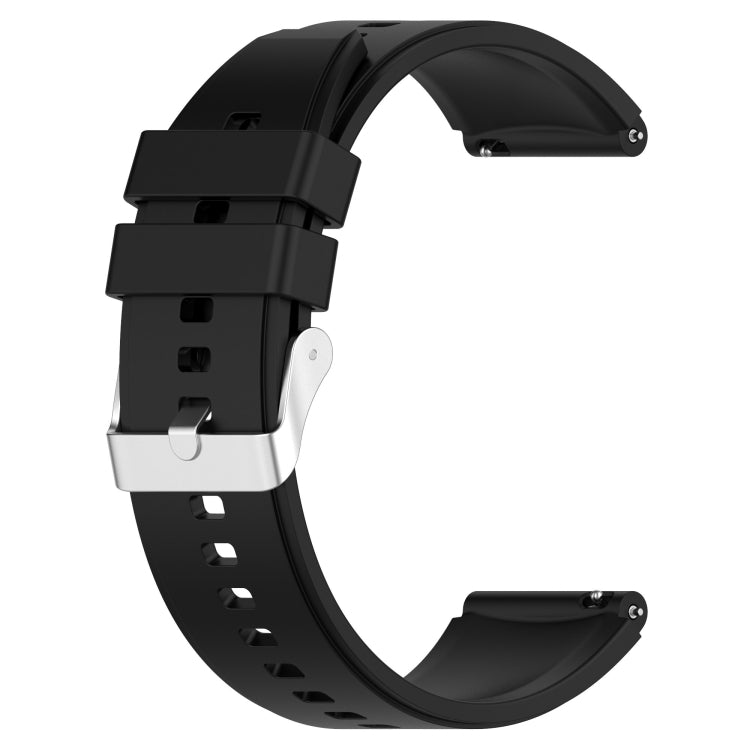 Silicone smartwatch strap with silver buckle, black band and perforated holes