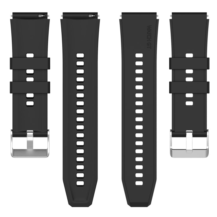 Black silicone watch band with silver buckle, front and side views
