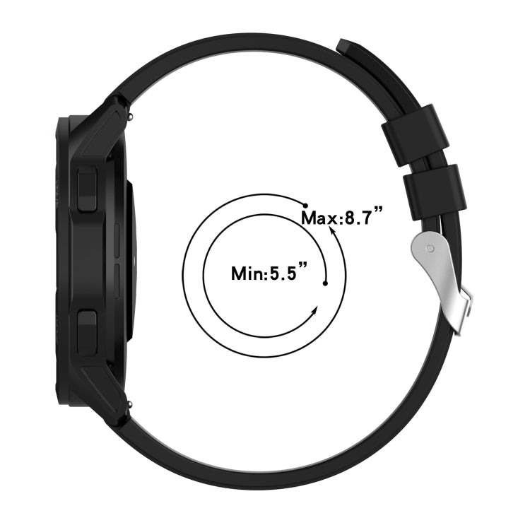 Black silicone smartwatch strap with silver buckle, adjustable holes