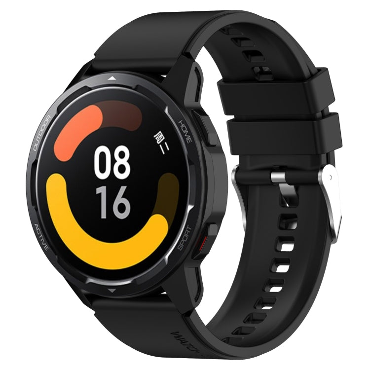 Silicone smartwatch strap with silver buckle, dark black band with perforated holes