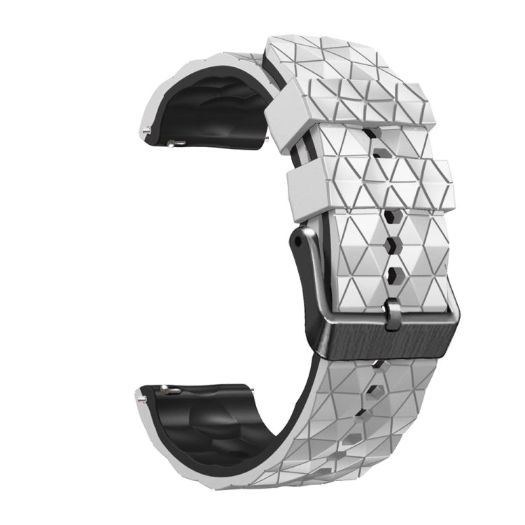 22mm two-color silicone watch strap, white/black geometric football pattern, side view