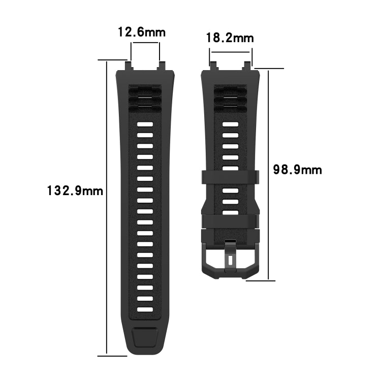 Silicone watch band, black, with vented strap and clasp; size dimensions shown