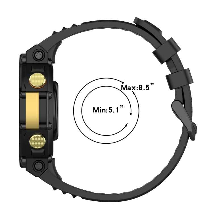 Silicone watch band in black with buckle and adjustable length range (5.1–8.5 in)