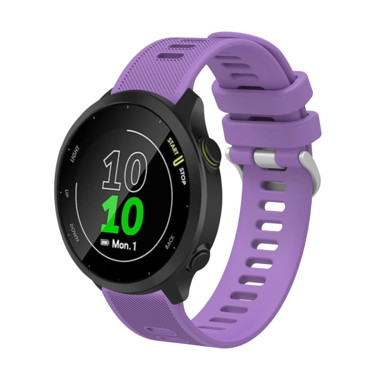 20mm silicone twill watch band in purple with textured strap and clasp holes.