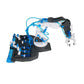 Blue hydraulic robot arm toy with claw tools and hoses on platform base