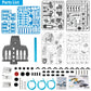 Hydraulic robot arm parts set with instruction sheet, screws, rods, and connectors