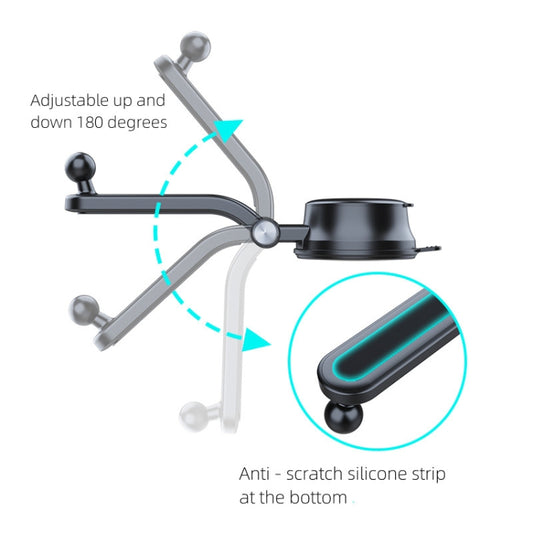 Car phone holder with adjustable up/down arm and anti-scratch bottom strip