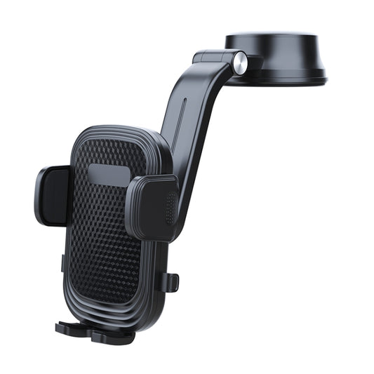 Black retractable car phone holder with suction mount and adjustable clamp arm