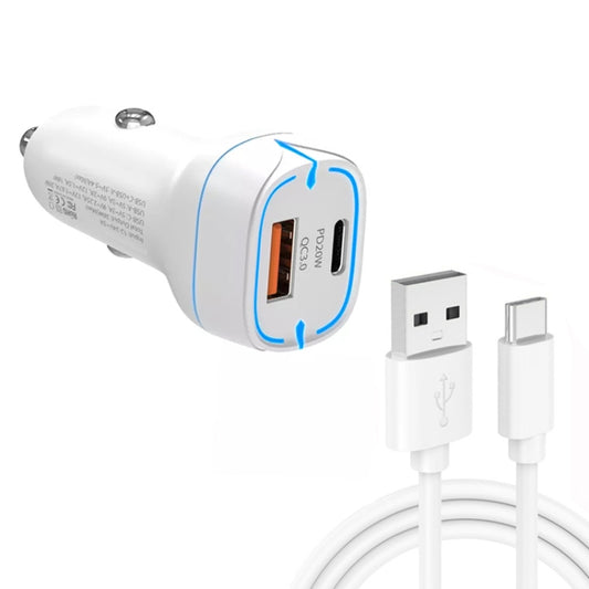 White car USB charger with dual ports and USB to Type-C data cable, 1m.