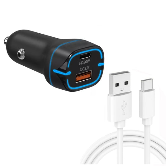 Black car USB charger with PD and QC ports and USB to Type-C cable, 1m.