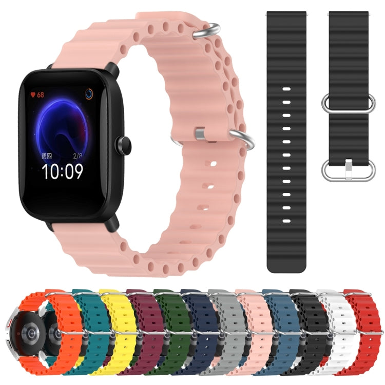 Pink silicone watch band with metal pin buckle, plus side view and strap color options