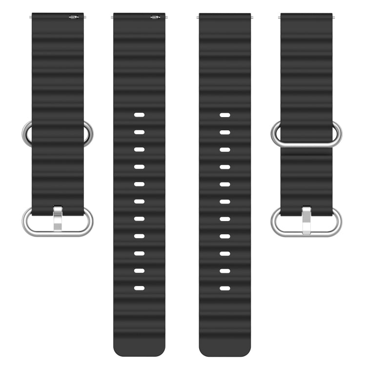 Black silicone watch band straps with metal buckle and evenly spaced adjustment holes