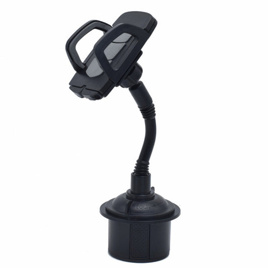 Adjustable car cup holder mount with flexible gooseneck and clamp holder, black.