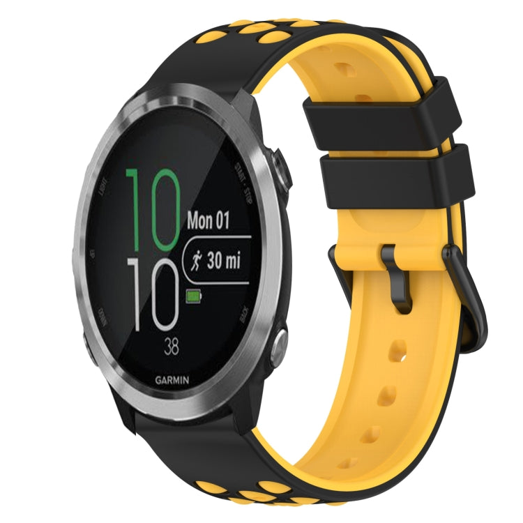 Two-color silicone watch band, yellow with black sport-style holes and buckle