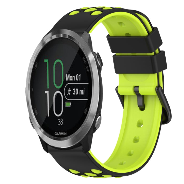 Two-color silicone watch band, bright lime green with black sport-style holes and buckle