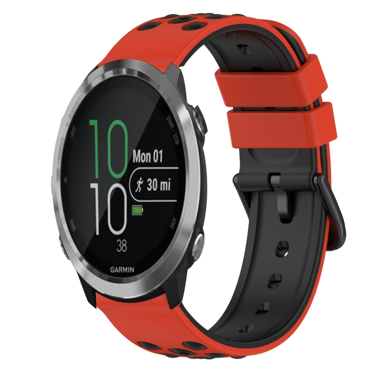 Two-color silicone watch band, red-orange with black sport-style holes and buckle