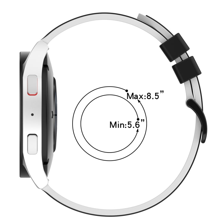 Two-color silicone watch band with black buckle; adjustable fit range 5.6–8.5 in.