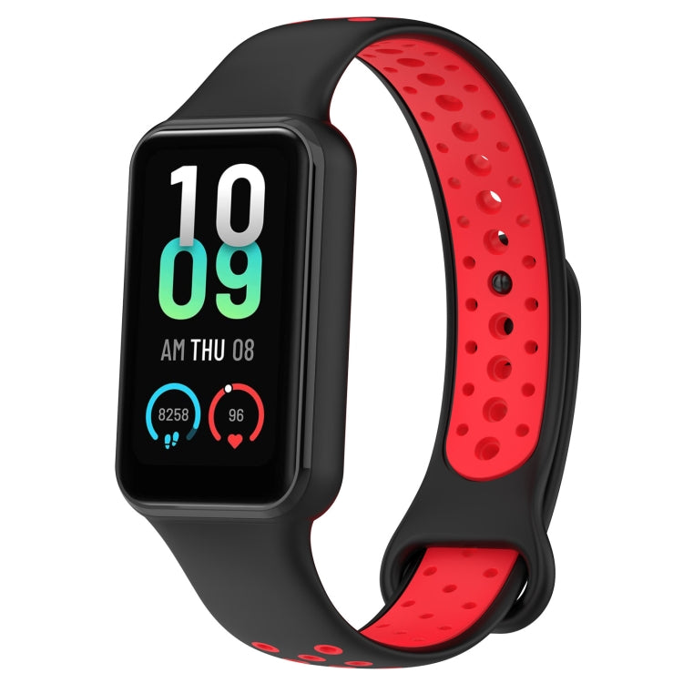 Two-tone silicone watch band in black and red with smartwatch display visible.