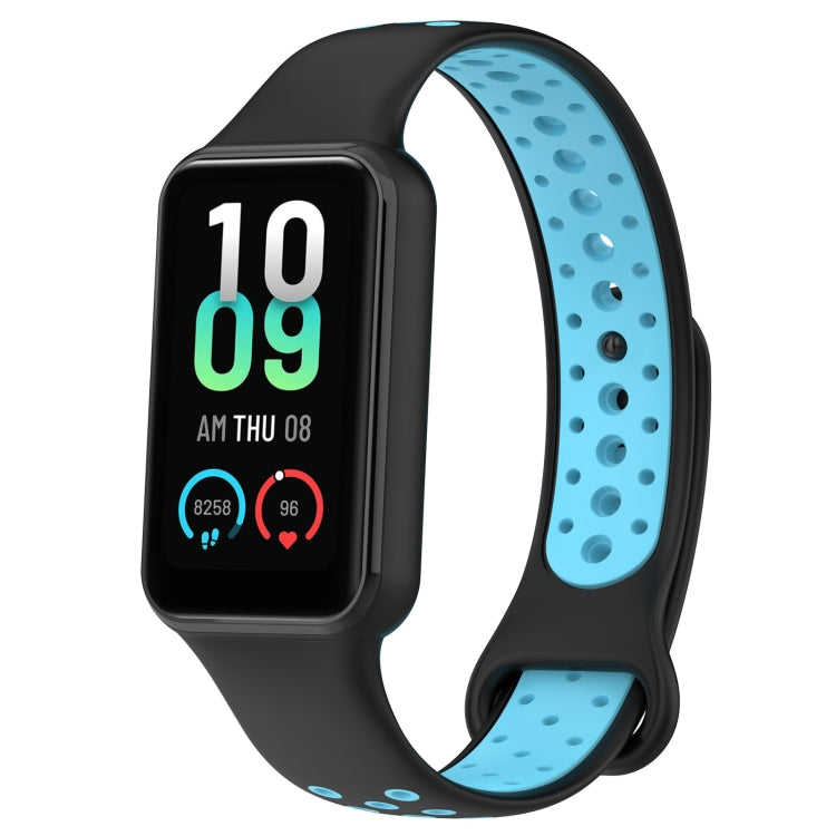 Two-tone silicone watch band in black and blue with smartwatch display visible.