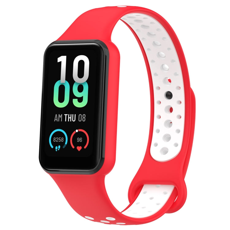 Two-tone silicone watch band in red and white with smartwatch display visible.