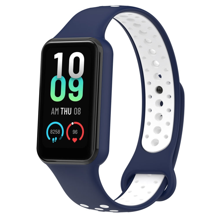 Two-tone silicone watch band in navy and white with smartwatch display visible.