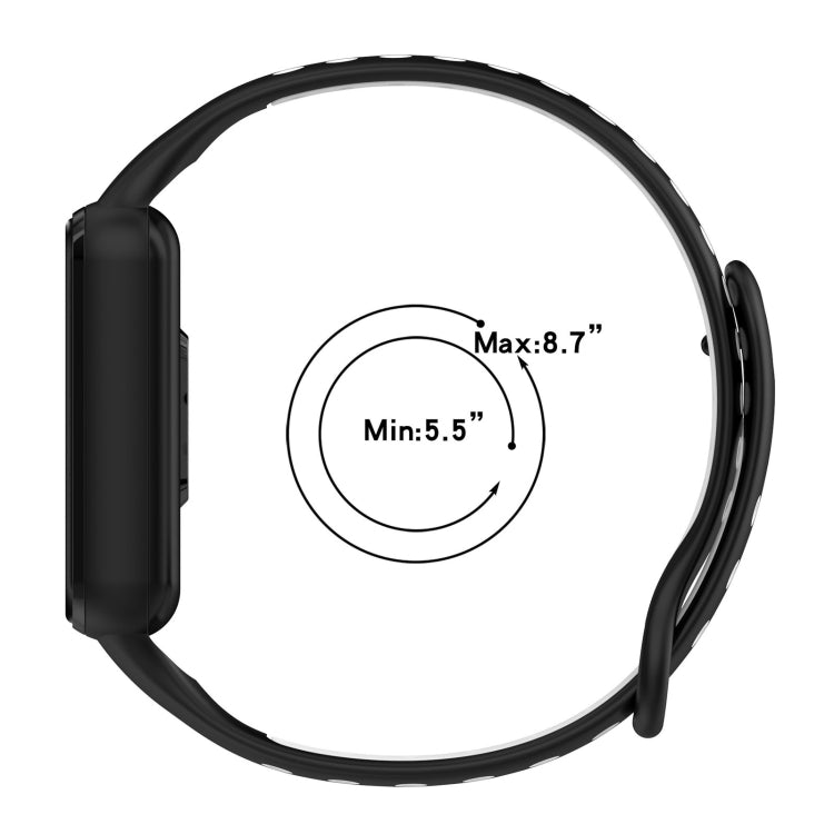 Black silicone watch band fit guide showing Min 5.5 in and Max 8.7 in range