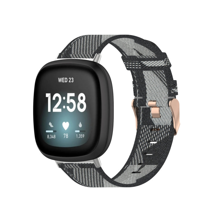 Nylon weave watch band in dark gray and light gray stripe plaid with metal pin