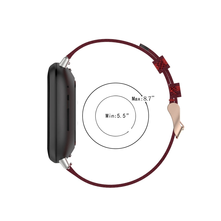 Adjustable nylon weave watch band with burgundy strap and metal end pieces