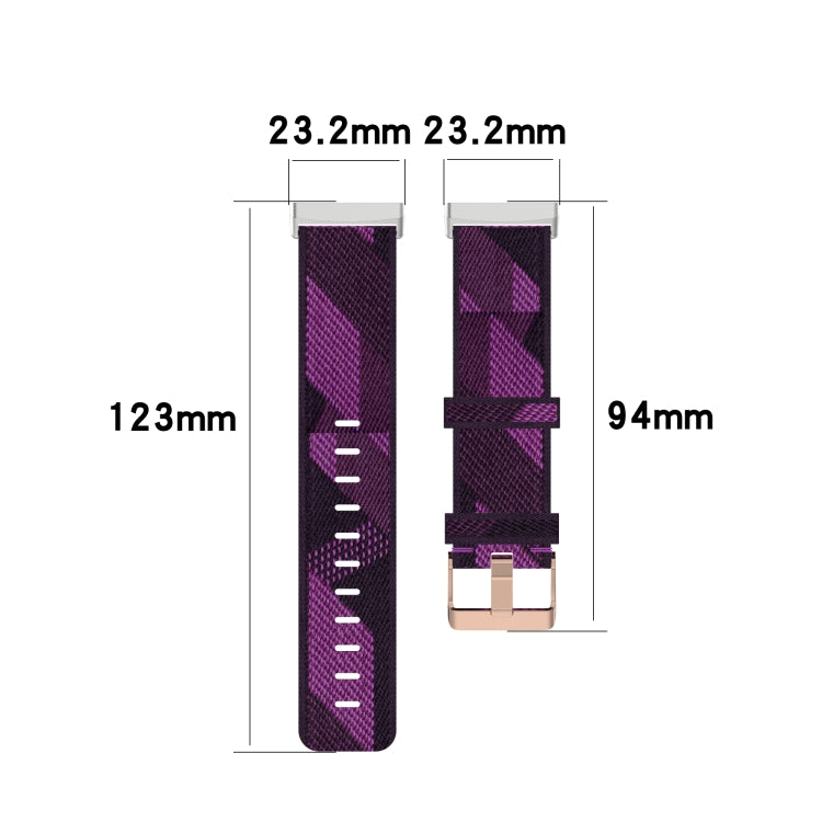 Purple nylon weave watch band size diagram with clasp and measurement marks