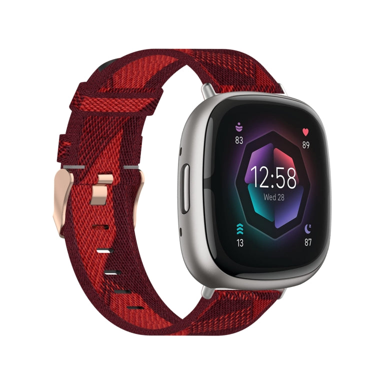 Dark red nylon weave canvas watch band with silver clasp and side strap