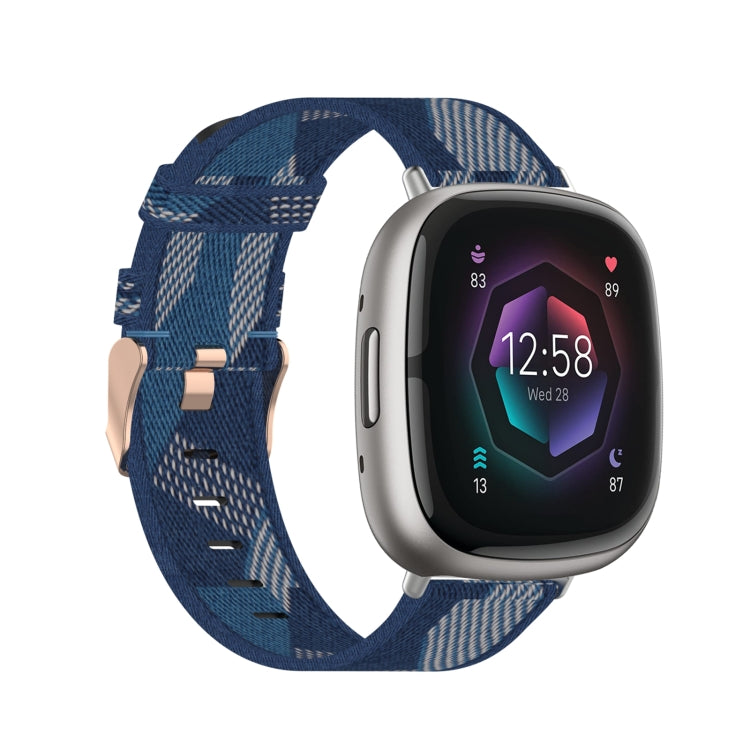 Nylon weave watch band in deep blue plaid pattern with rose-gold clasp
