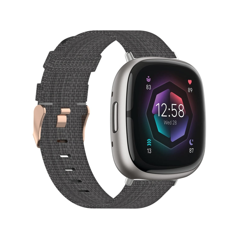 Nylon weave watch band in charcoal gray textured fabric with rose-gold clasp