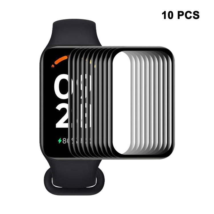 Ten full-coverage smartwatch screen protectors stacked for square display on black band