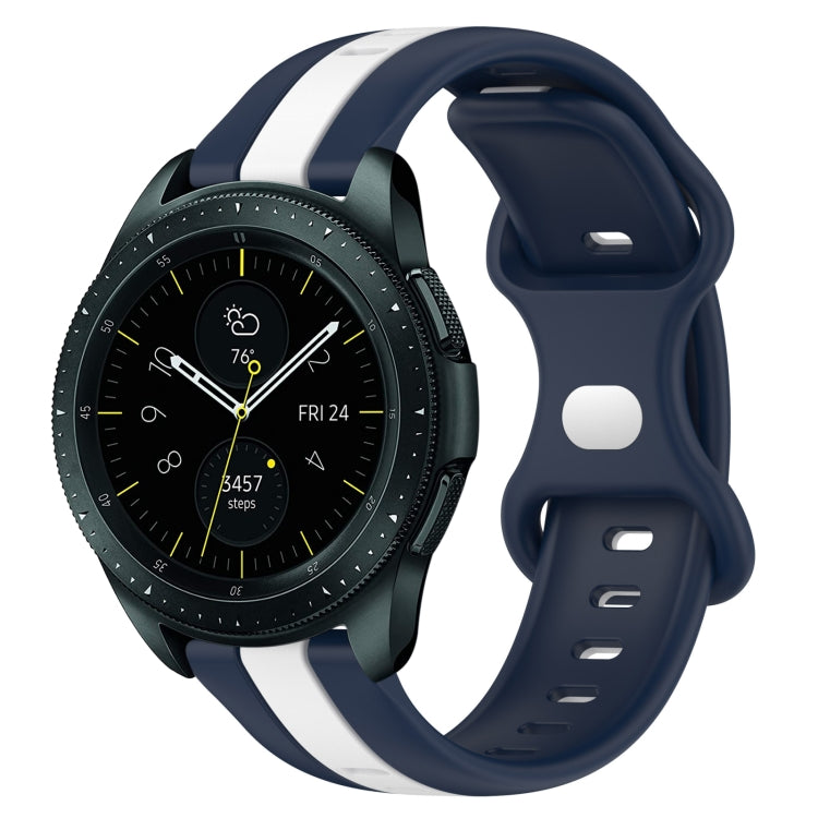 Two-tone 20mm butterfly buckle silicone watch band, navy blue with white strap.