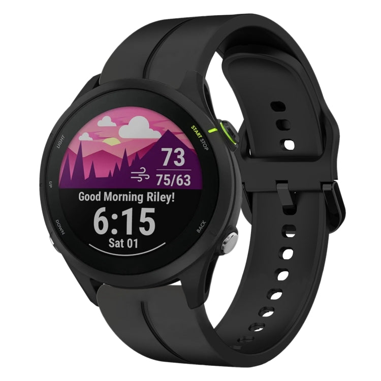 Black silicone watch band with multiple holes and round smartwatch case