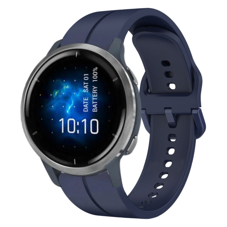 Blue silicone watch band with multiple holes and round metal smartwatch case